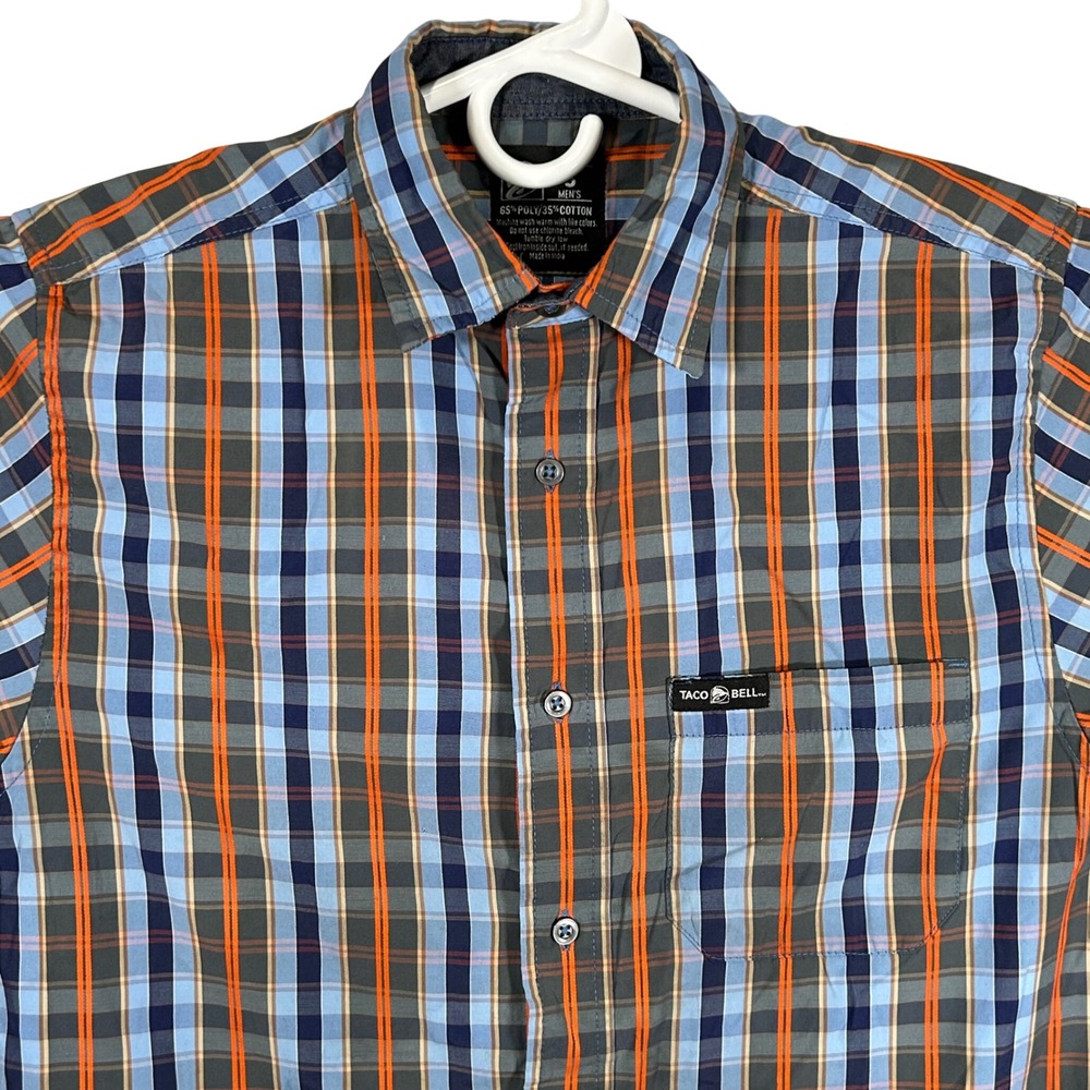 Taco Bell Employee Uniform Shirt Mens Small Blue Orange Plaid Short‎ Sleeve